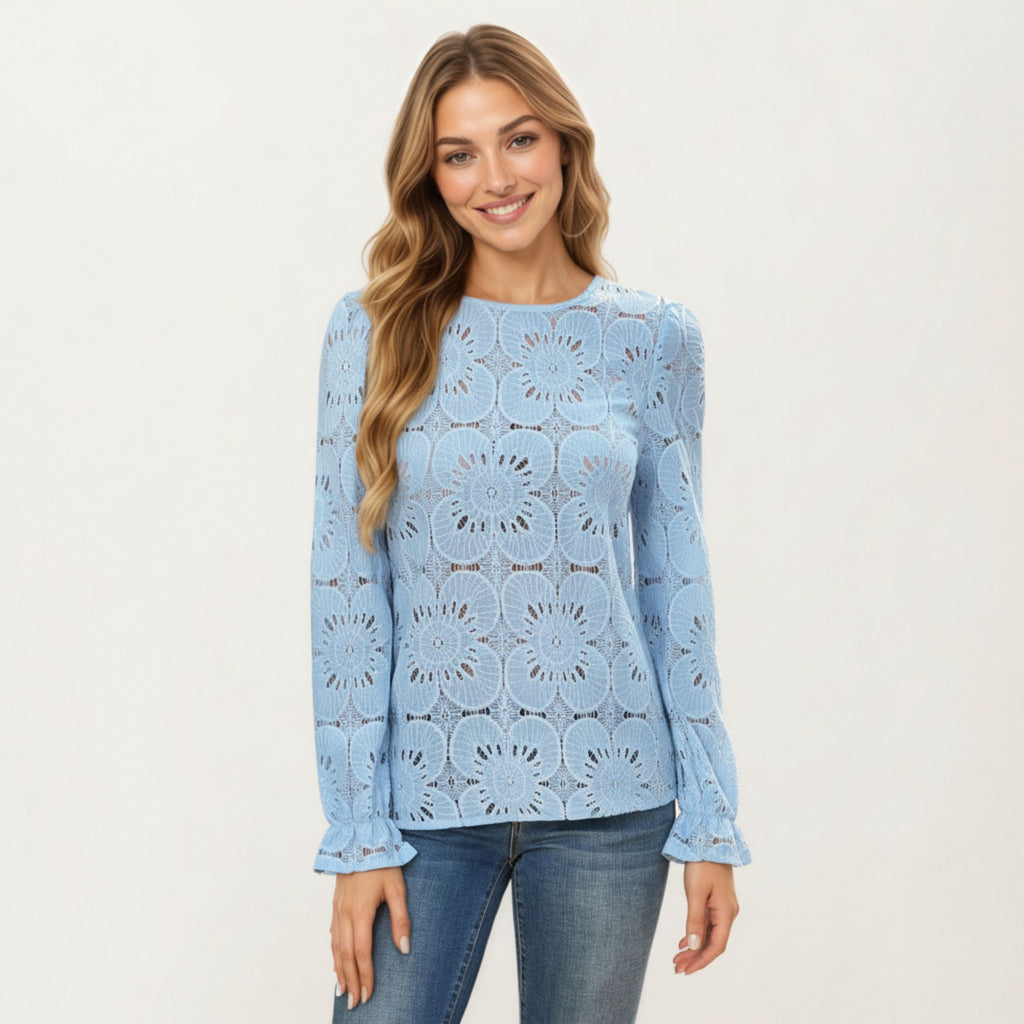 Anna-Kaci Women¡¯s Floral Lace Long Sleeve Top with Intricate Openwork Pattern Soft Textured Fabric and Ruffled Cuff Detailing