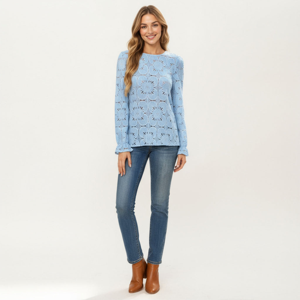 Anna-Kaci Women¡¯s Floral Lace Long Sleeve Top with Intricate Openwork Pattern Soft Textured Fabric and Ruffled Cuff Detailing