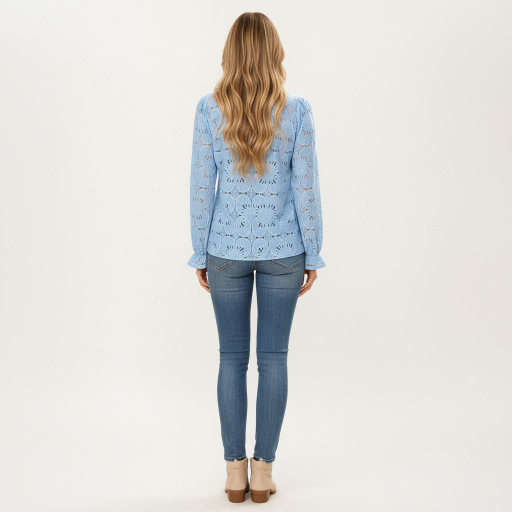 Anna-Kaci Women¡¯s Floral Lace Long Sleeve Top with Intricate Openwork Pattern Soft Textured Fabric and Ruffled Cuff Detailing