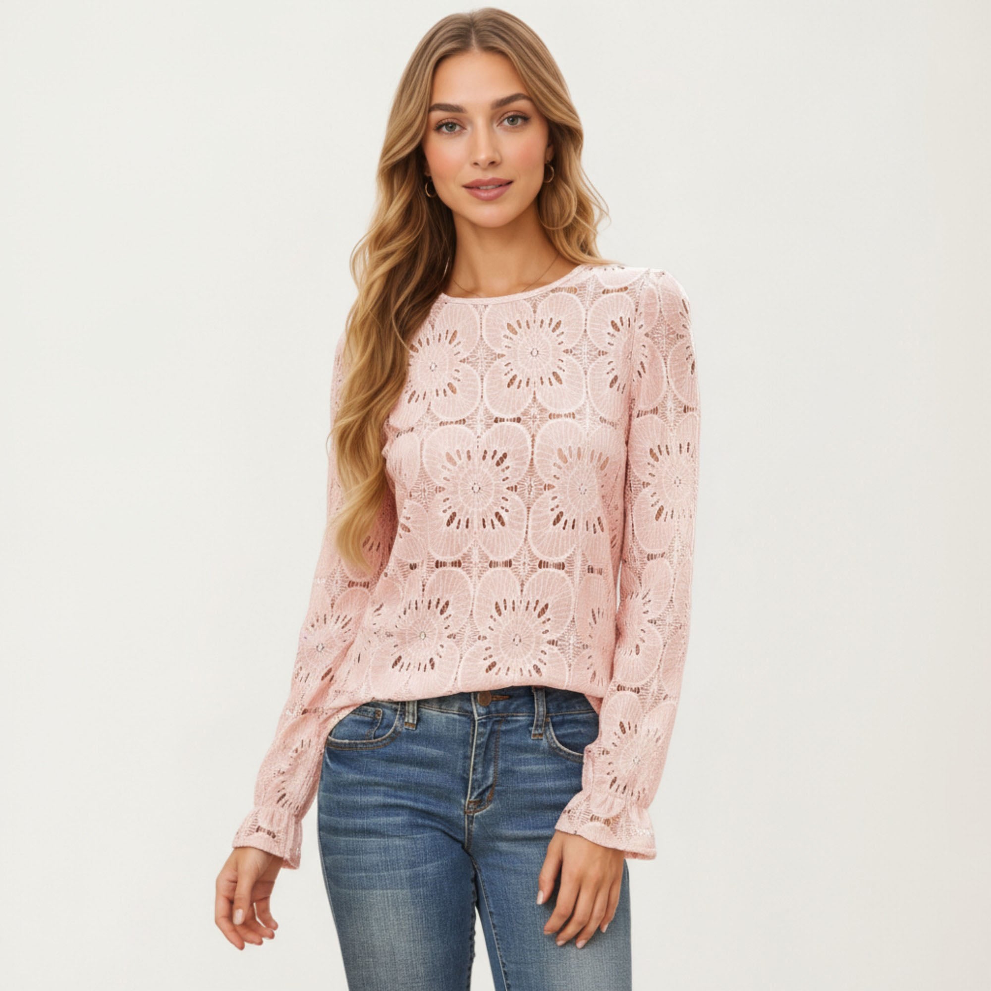 Anna-Kaci Women¡¯s Floral Lace Long Sleeve Top with Intricate Openwork Pattern Soft Textured Fabric and Ruffled Cuff Detailing