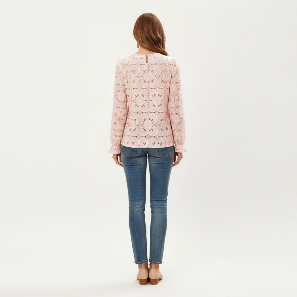 Anna-Kaci Women¡¯s Floral Lace Long Sleeve Top with Intricate Openwork Pattern Soft Textured Fabric and Ruffled Cuff Detailing