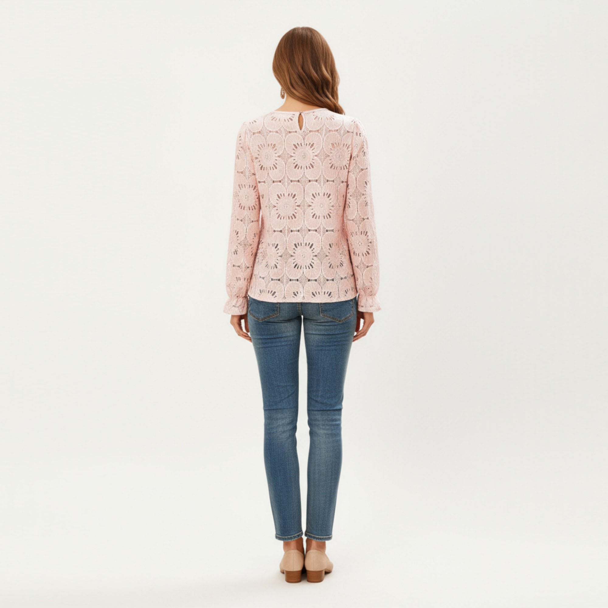 Anna-Kaci Women¡¯s Floral Lace Long Sleeve Top with Intricate Openwork Pattern Soft Textured Fabric and Ruffled Cuff Detailing