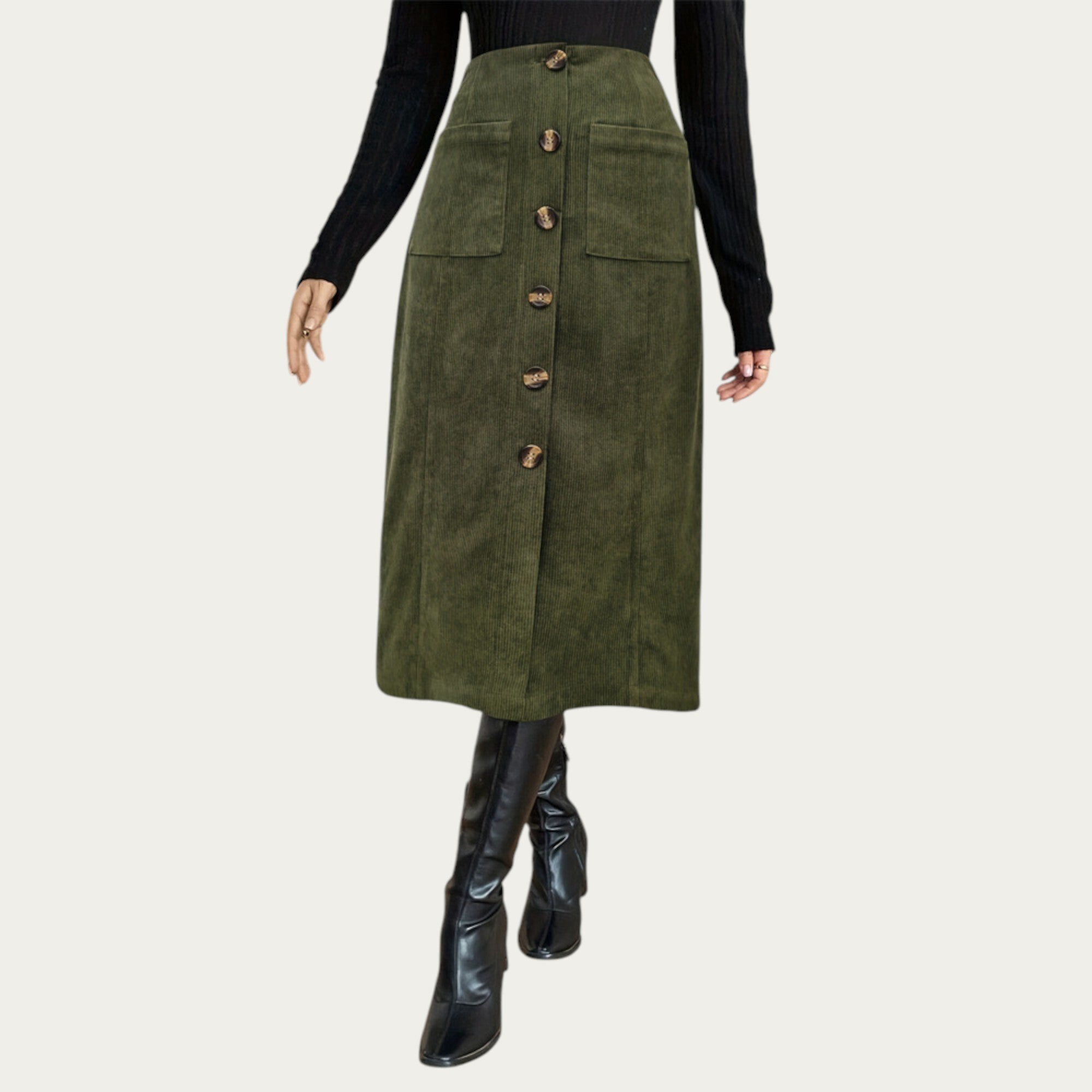 Anna-Kaci Women¡¯s Button Front Corduroy Midi Skirt with Structured Patch Pockets and Soft Textured Fabric for a Clean Tailored Look