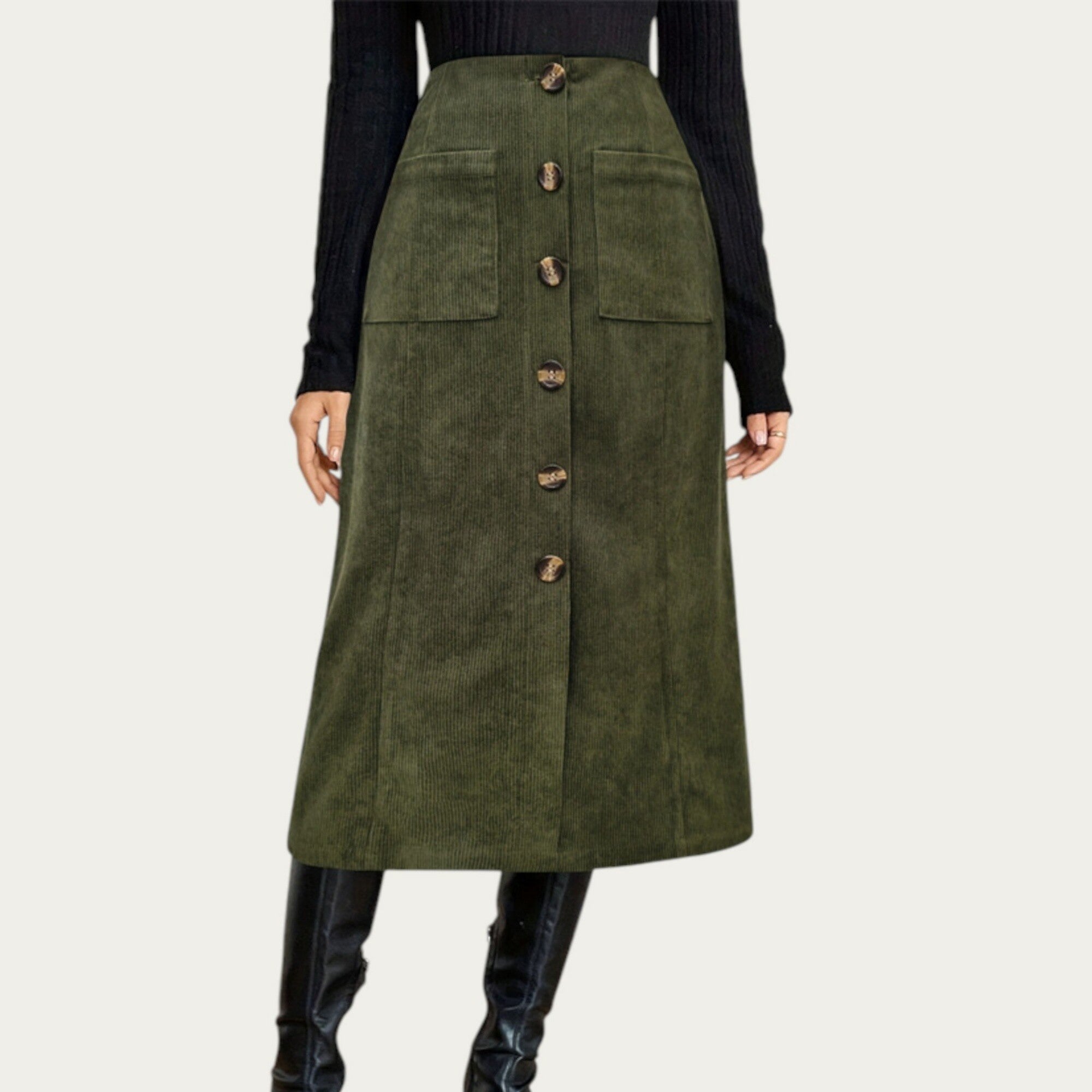 Anna-Kaci Women¡¯s Button Front Corduroy Midi Skirt with Structured Patch Pockets and Soft Textured Fabric for a Clean Tailored Look