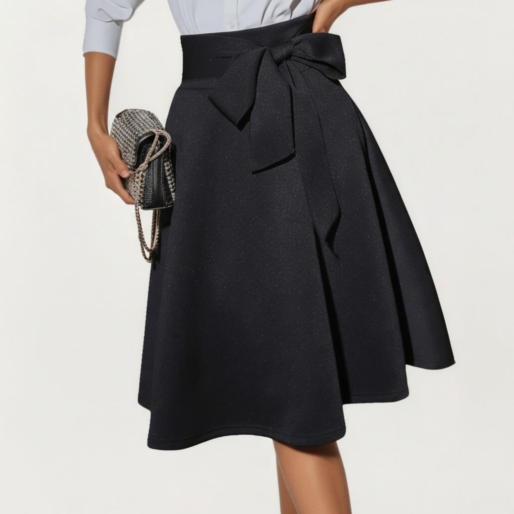Anna-Kaci Women's Flared Midi Skirt with Structured High Waist and Oversized Bow Detail Creating a Smooth Draped Silhouette