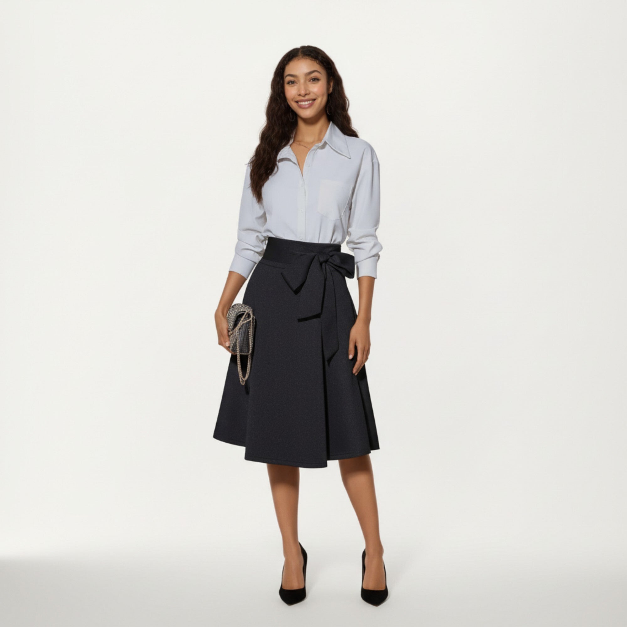 Anna-Kaci Women's Flared Midi Skirt with Structured High Waist and Oversized Bow Detail Creating a Smooth Draped Silhouette