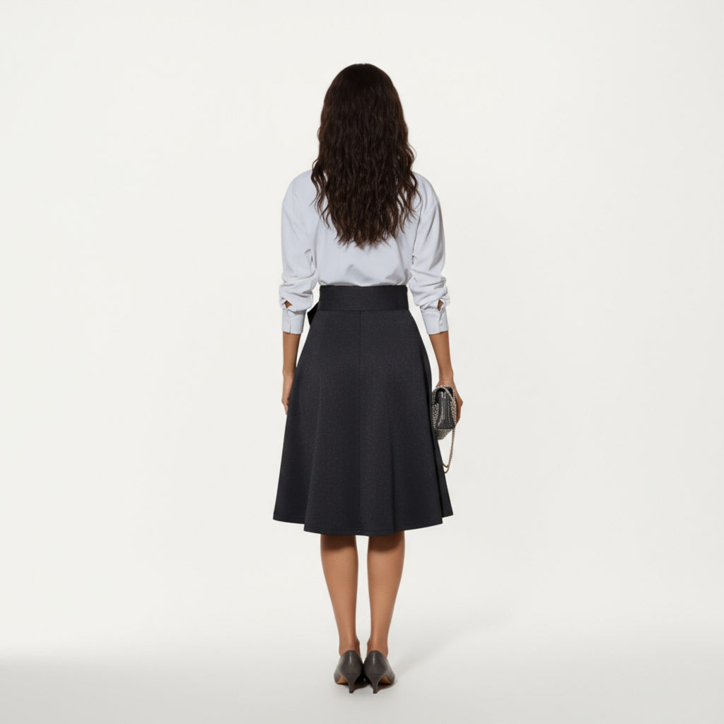 Anna-Kaci Women's Flared Midi Skirt with Structured High Waist and Oversized Bow Detail Creating a Smooth Draped Silhouette