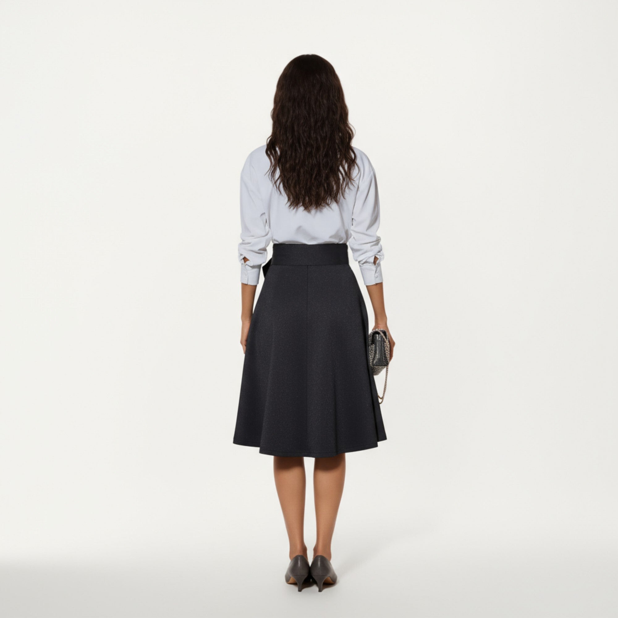 Anna-Kaci Women's Flared Midi Skirt with Structured High Waist and Oversized Bow Detail Creating a Smooth Draped Silhouette