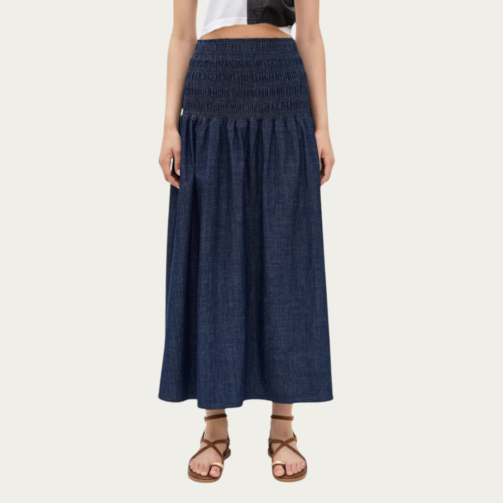 Anna-Kaci Women¡¯s Denim Maxi Skirt with Smocked Waist Detail and Soft Structured A-Line Shape for Comfortable Movement and Flattering Drape