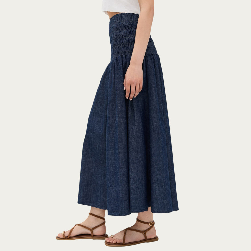 Anna-Kaci Women¡¯s Denim Maxi Skirt with Smocked Waist Detail and Soft Structured A-Line Shape for Comfortable Movement and Flattering Drape