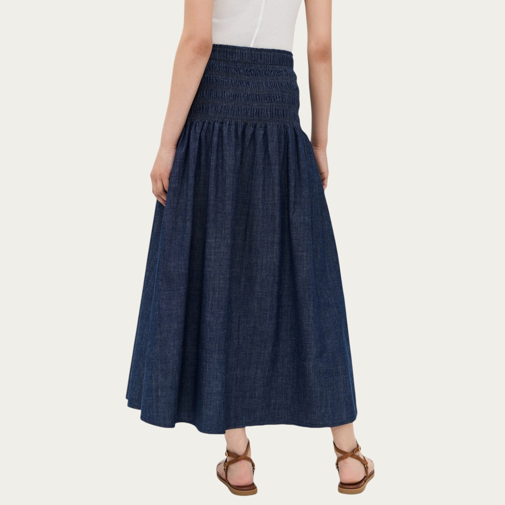 Anna-Kaci Women¡¯s Denim Maxi Skirt with Smocked Waist Detail and Soft Structured A-Line Shape for Comfortable Movement and Flattering Drape