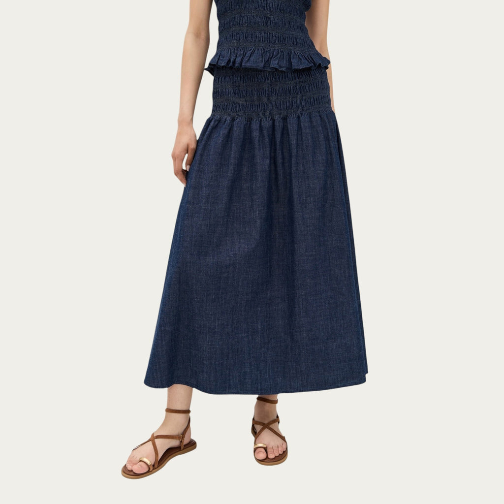Anna-Kaci Women¡¯s Denim Maxi Skirt with Smocked Waist Detail and Soft Structured A-Line Shape for Comfortable Movement and Flattering Drape