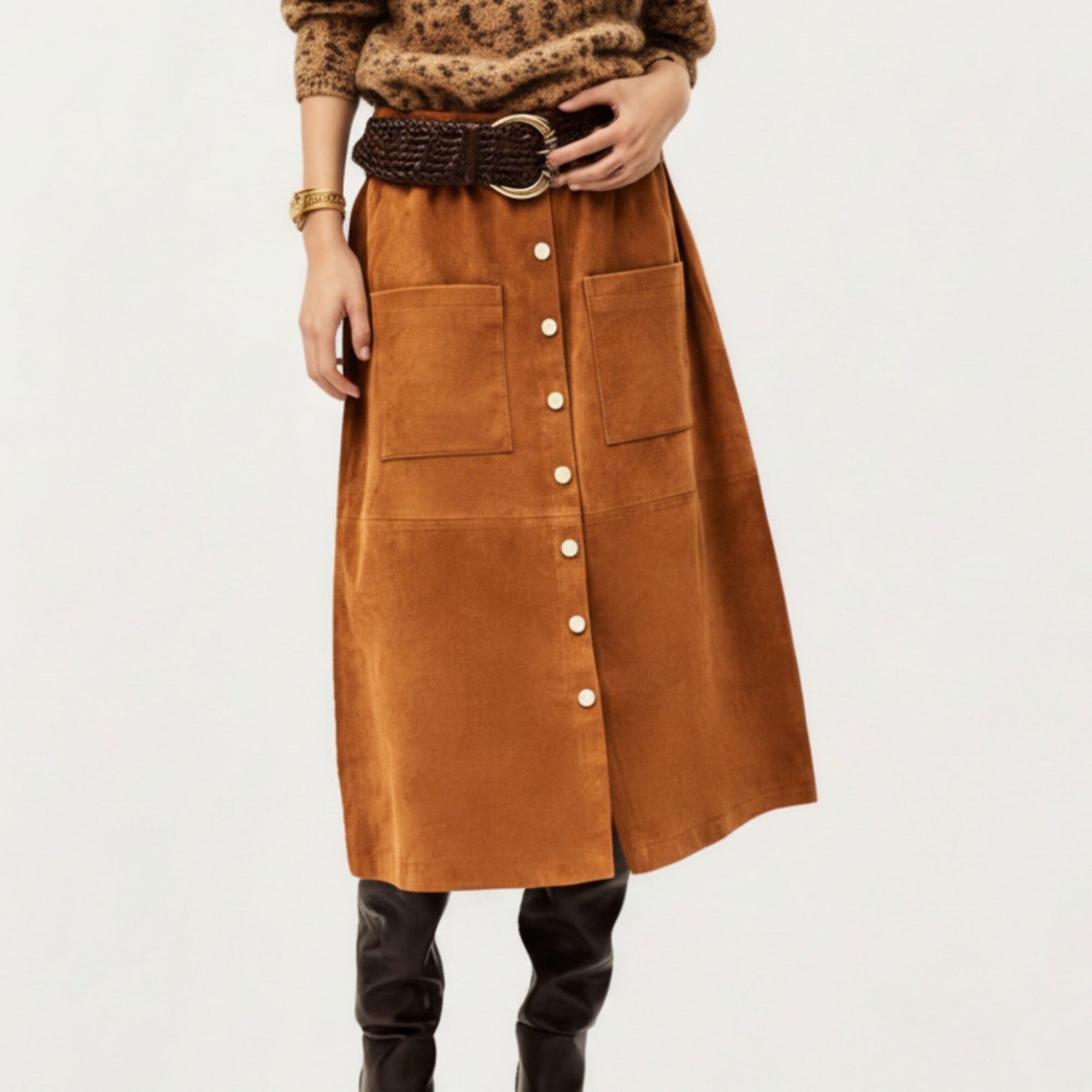 Anna-Kaci Women¡¯s Button Front Midi Skirt with Soft Corduroy Texture, Structured Patch Pockets and Flattering A-Line Shape for Easy Movement
