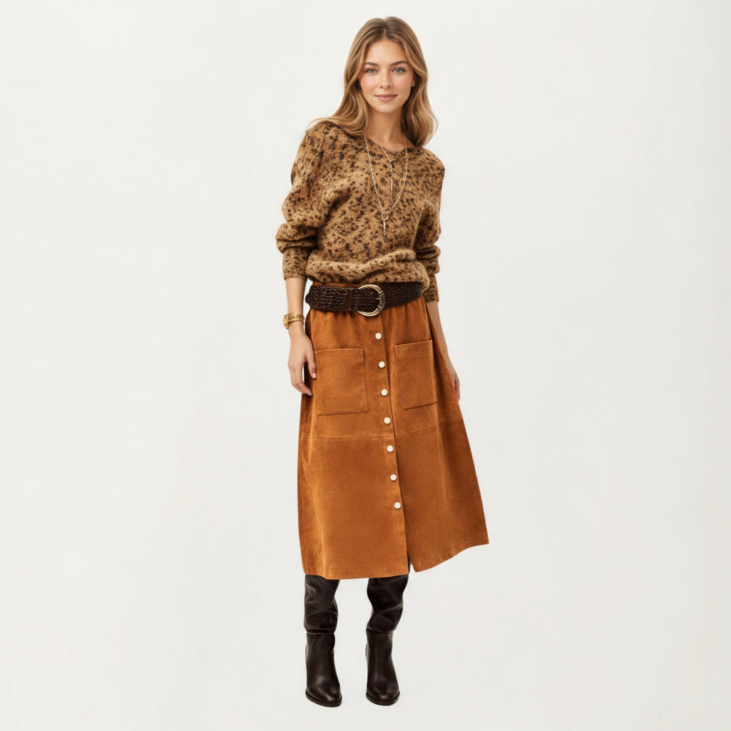 Anna-Kaci Women¡¯s Button Front Midi Skirt with Soft Corduroy Texture, Structured Patch Pockets and Flattering A-Line Shape for Easy Movement