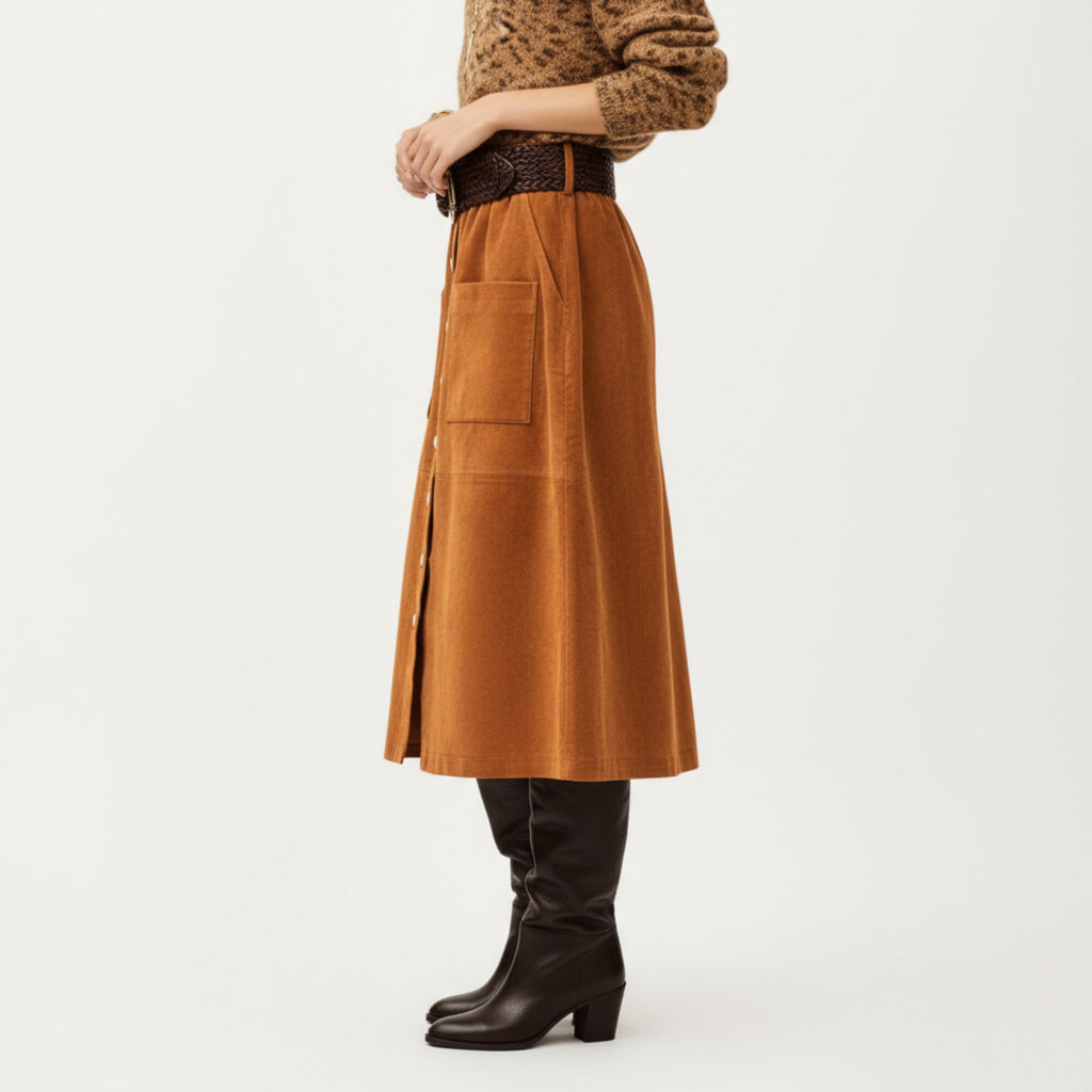 Anna-Kaci Women¡¯s Button Front Midi Skirt with Soft Corduroy Texture, Structured Patch Pockets and Flattering A-Line Shape for Easy Movement