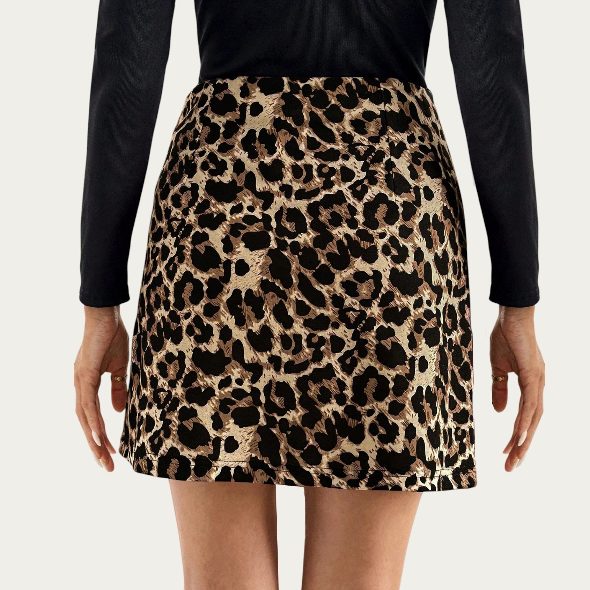 Anna-Kaci Women¡¯s Leopard Print Mini Skirt with Smooth Textured Fabric, Clean Fitted Waistline and Sleek Straight Silhouette Design