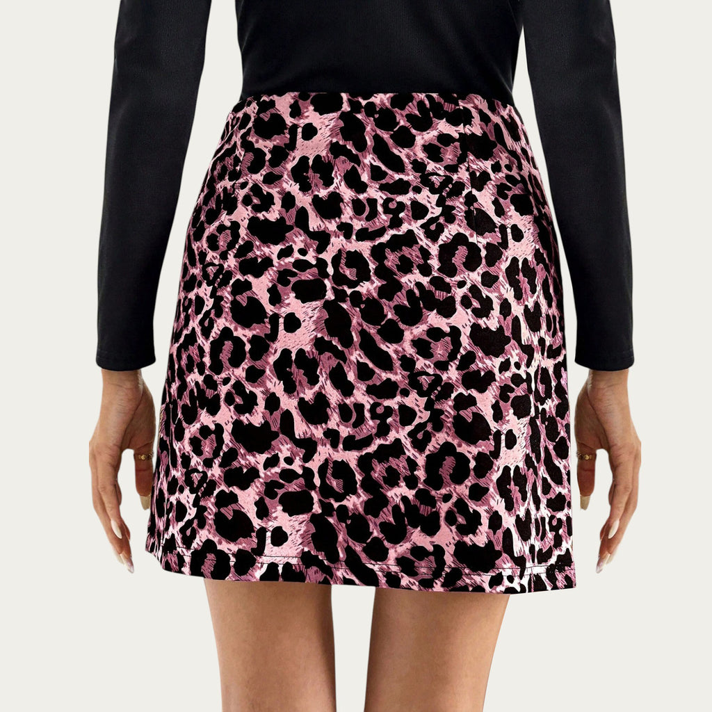 Anna-Kaci Women¡¯s Leopard Print Mini Skirt with Smooth Textured Fabric, Clean Fitted Waistline and Sleek Straight Silhouette Design