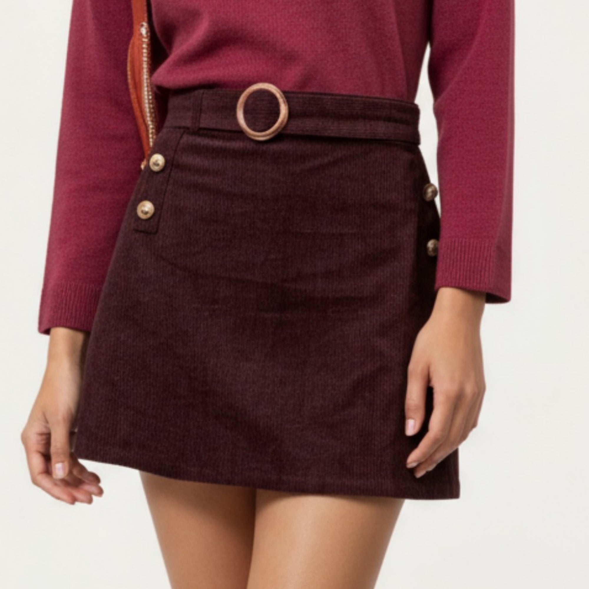 Anna-Kaci Women¡¯s Corduroy Mini Skirt with Belted Waistband, Side Button Accents, and Soft Structured A-Line Silhouette for Everyday Style
