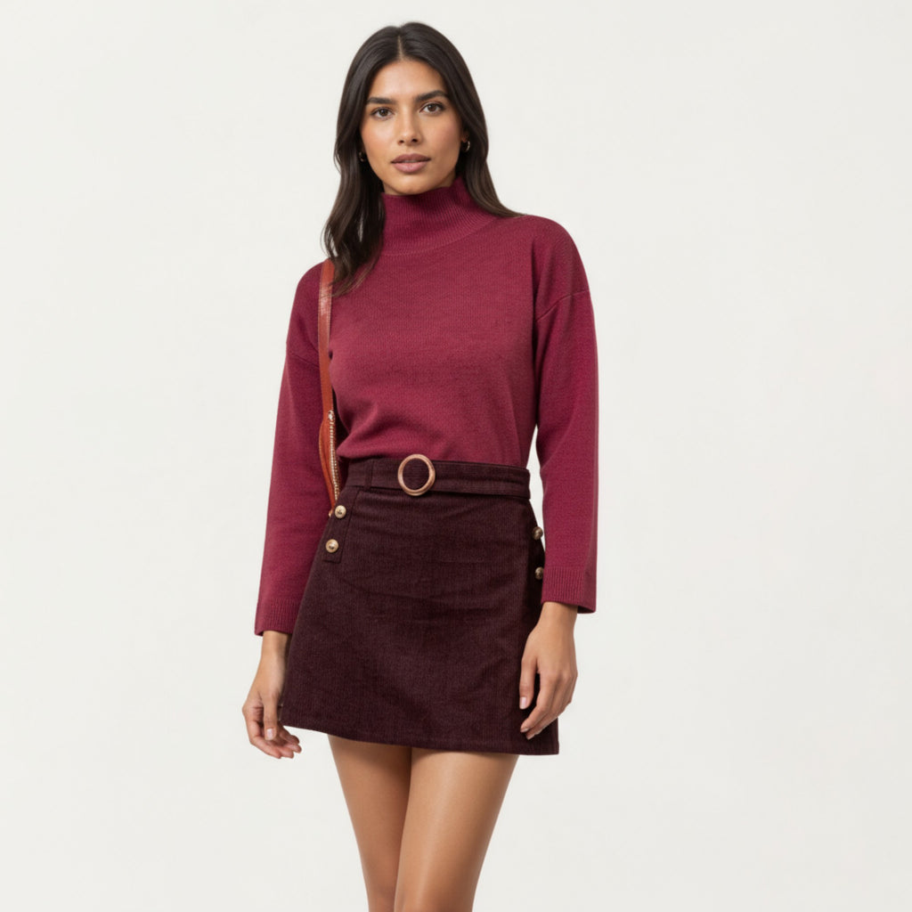 Anna-Kaci Women¡¯s Corduroy Mini Skirt with Belted Waistband, Side Button Accents, and Soft Structured A-Line Silhouette for Everyday Style