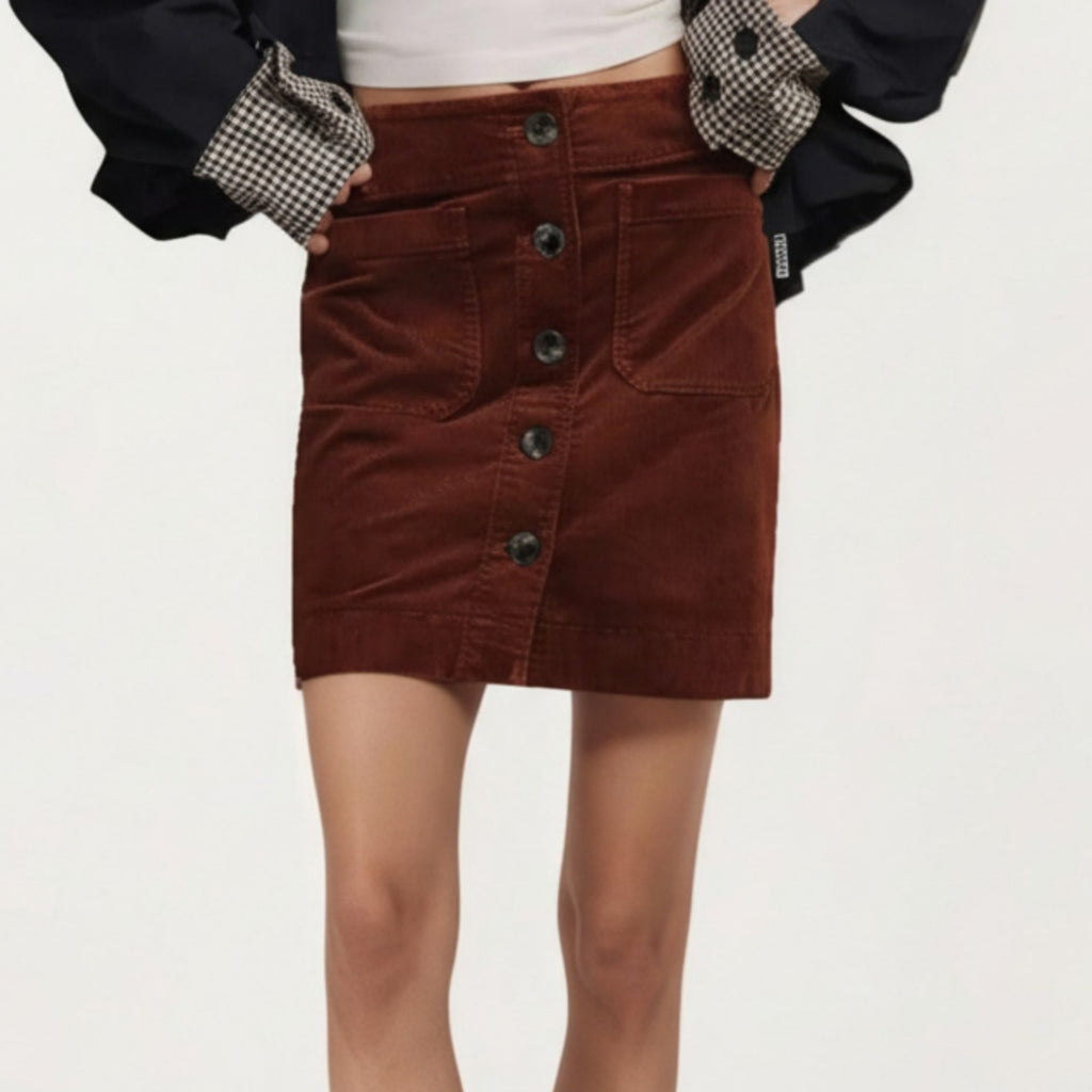 Anna-Kaci Women¡¯s Button Front Corduroy Mini Skirt with Structured Patch Pockets and Clean Straight Hem for a Modern Textured Look