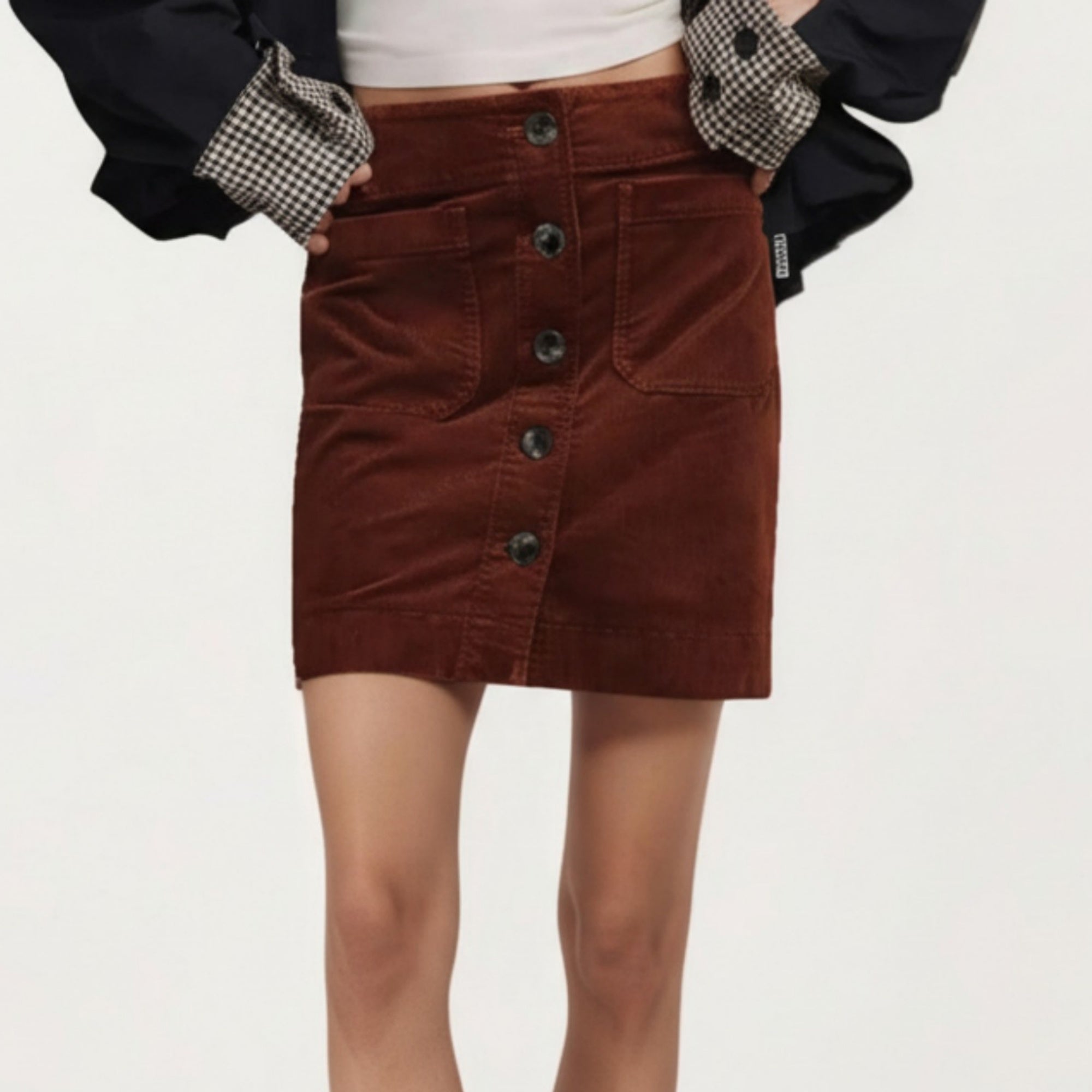 Anna-Kaci Women¡¯s Button Front Corduroy Mini Skirt with Structured Patch Pockets and Clean Straight Hem for a Modern Textured Look
