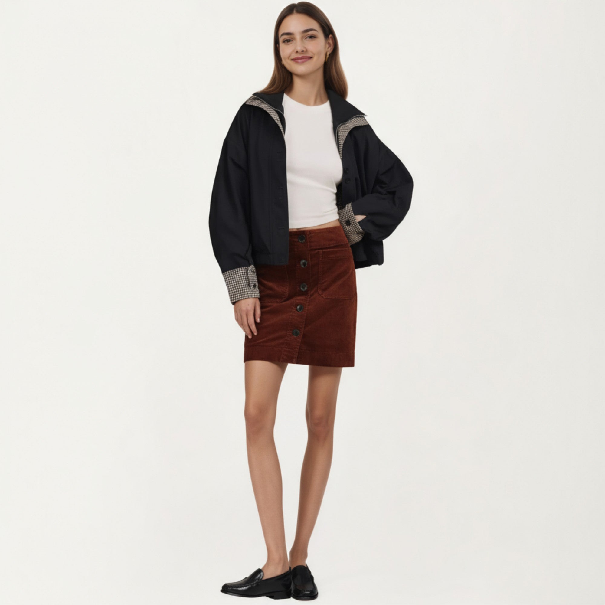 Anna-Kaci Women¡¯s Button Front Corduroy Mini Skirt with Structured Patch Pockets and Clean Straight Hem for a Modern Textured Look