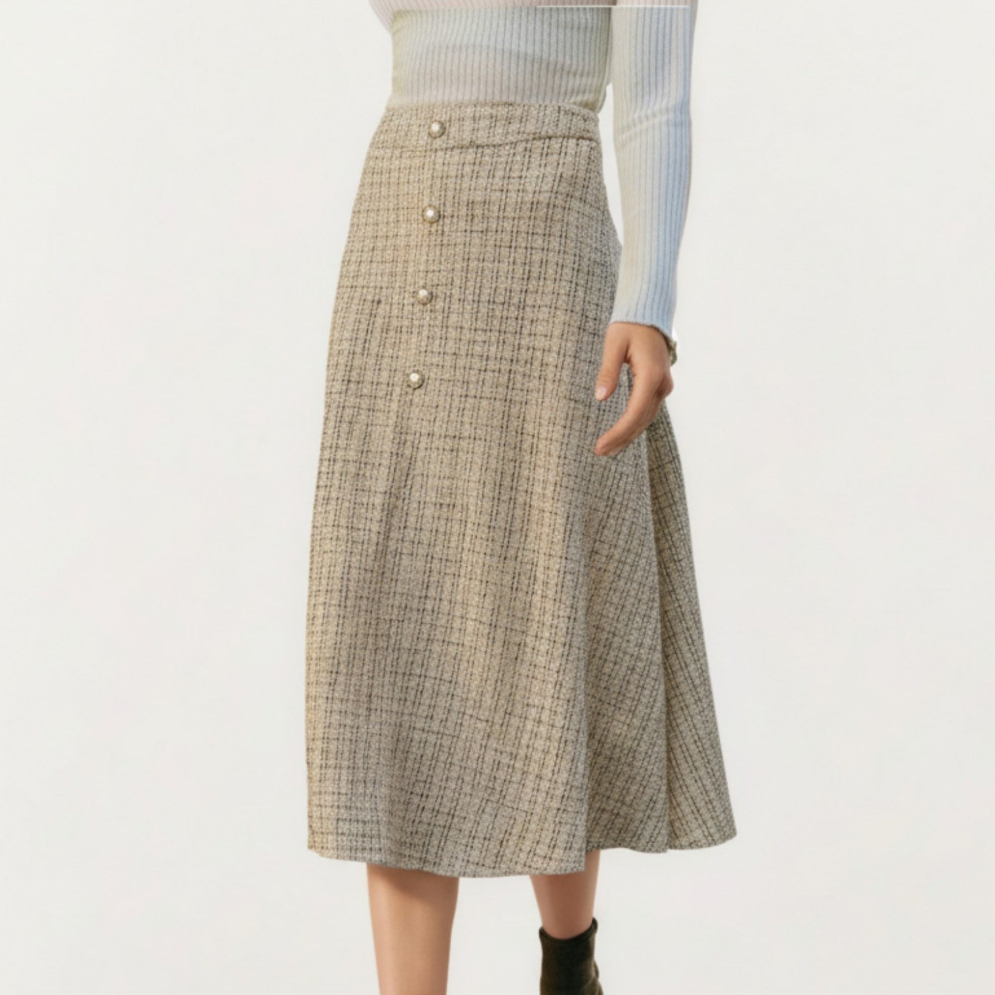 Anna-Kaci Women¡¯s Textured A-Line Midi Skirt with Soft Woven Feel, Front Pearl Button Accents and Smooth Flowing Silhouette