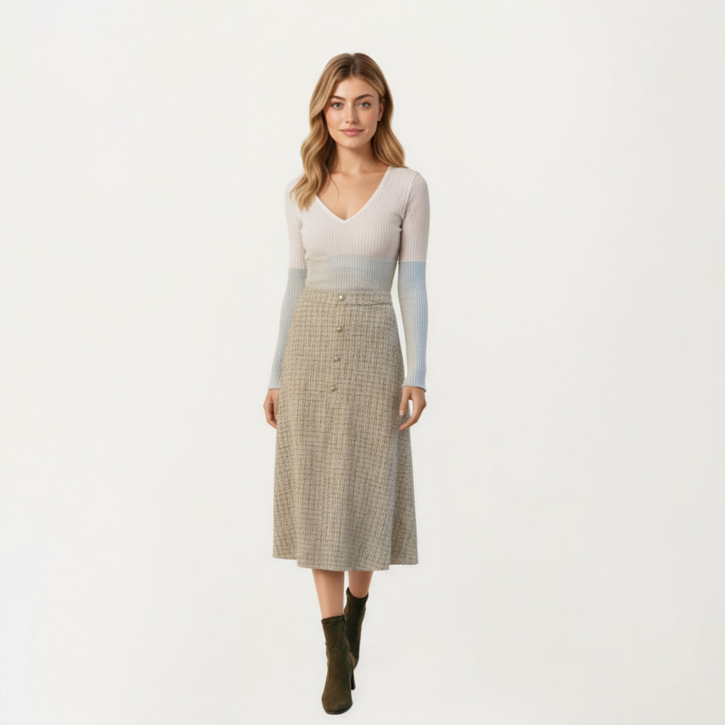 Anna-Kaci Women¡¯s Textured A-Line Midi Skirt with Soft Woven Feel, Front Pearl Button Accents and Smooth Flowing Silhouette