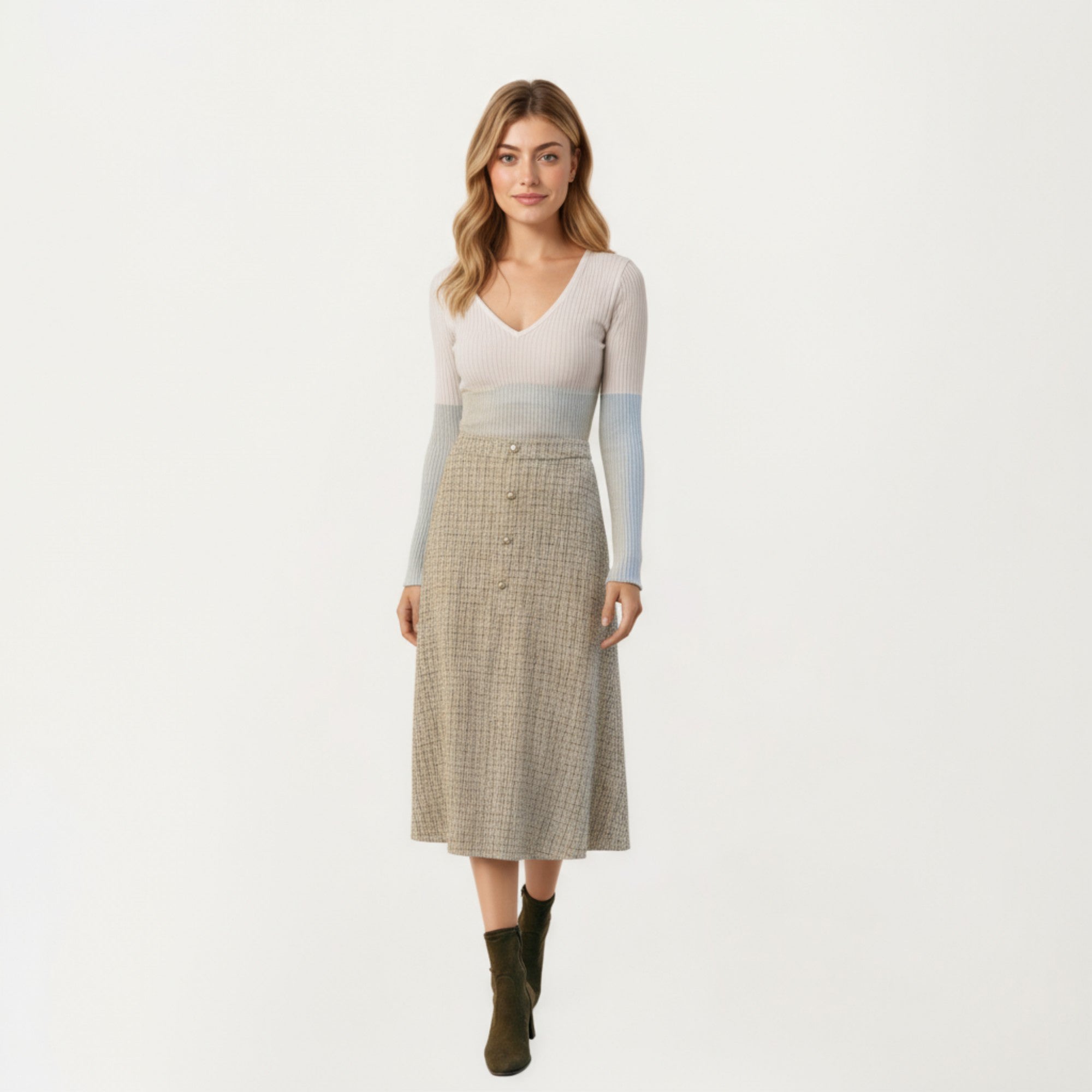 Anna-Kaci Women¡¯s Textured A-Line Midi Skirt with Soft Woven Feel, Front Pearl Button Accents and Smooth Flowing Silhouette