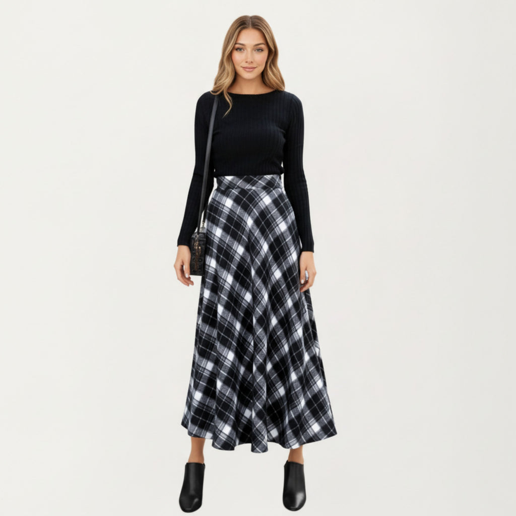 Anna-Kaci Women¡¯s Plaid Maxi Skirt with Soft Flowing Drape, Flattering A-Line Silhouette, and Comfortable Stretch Waistband Detail