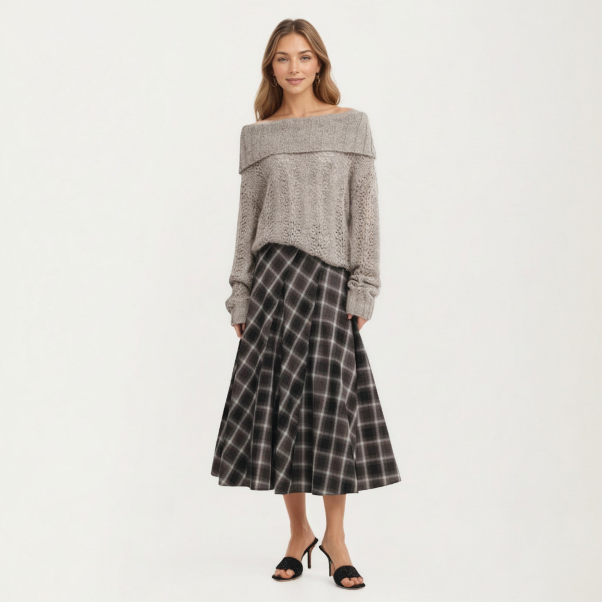 Anna-Kaci Women¡¯s Plaid Midi Skirt with Soft Full-Length A-Line Silhouette and Gentle Pleated Movement for a Flattering Everyday Shape