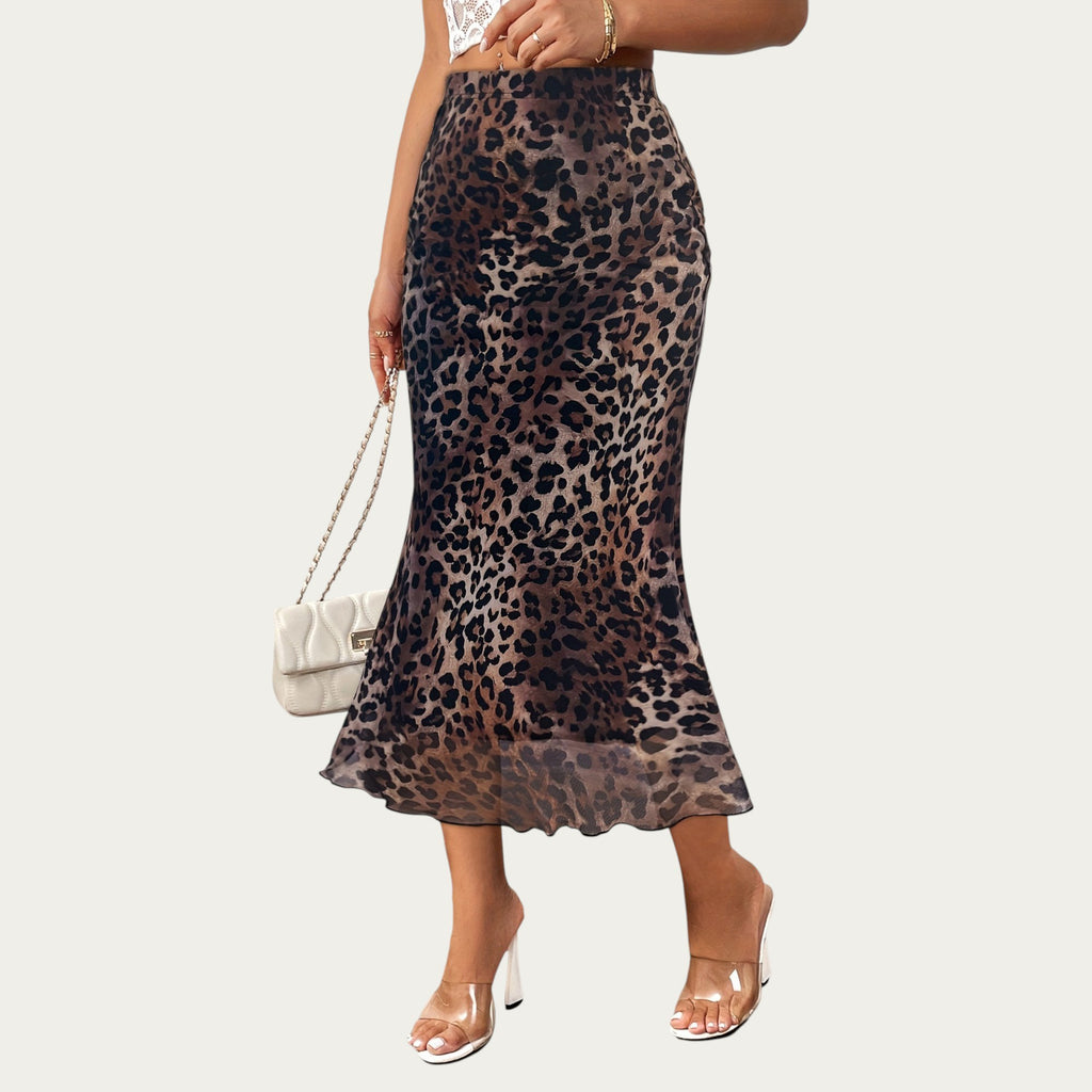Anna-Kaci Women's Leopard Print Mid-Length A-Line Skirt with Satin-Like Texture and a Soft Flowing Draped Silhouette