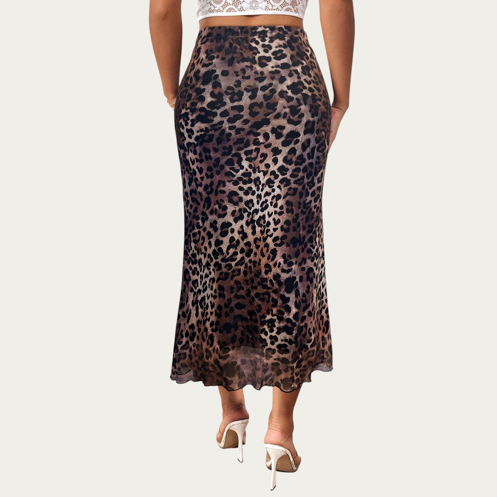 Anna-Kaci Women's Leopard Print Mid-Length A-Line Skirt with Satin-Like Texture and a Soft Flowing Draped Silhouette