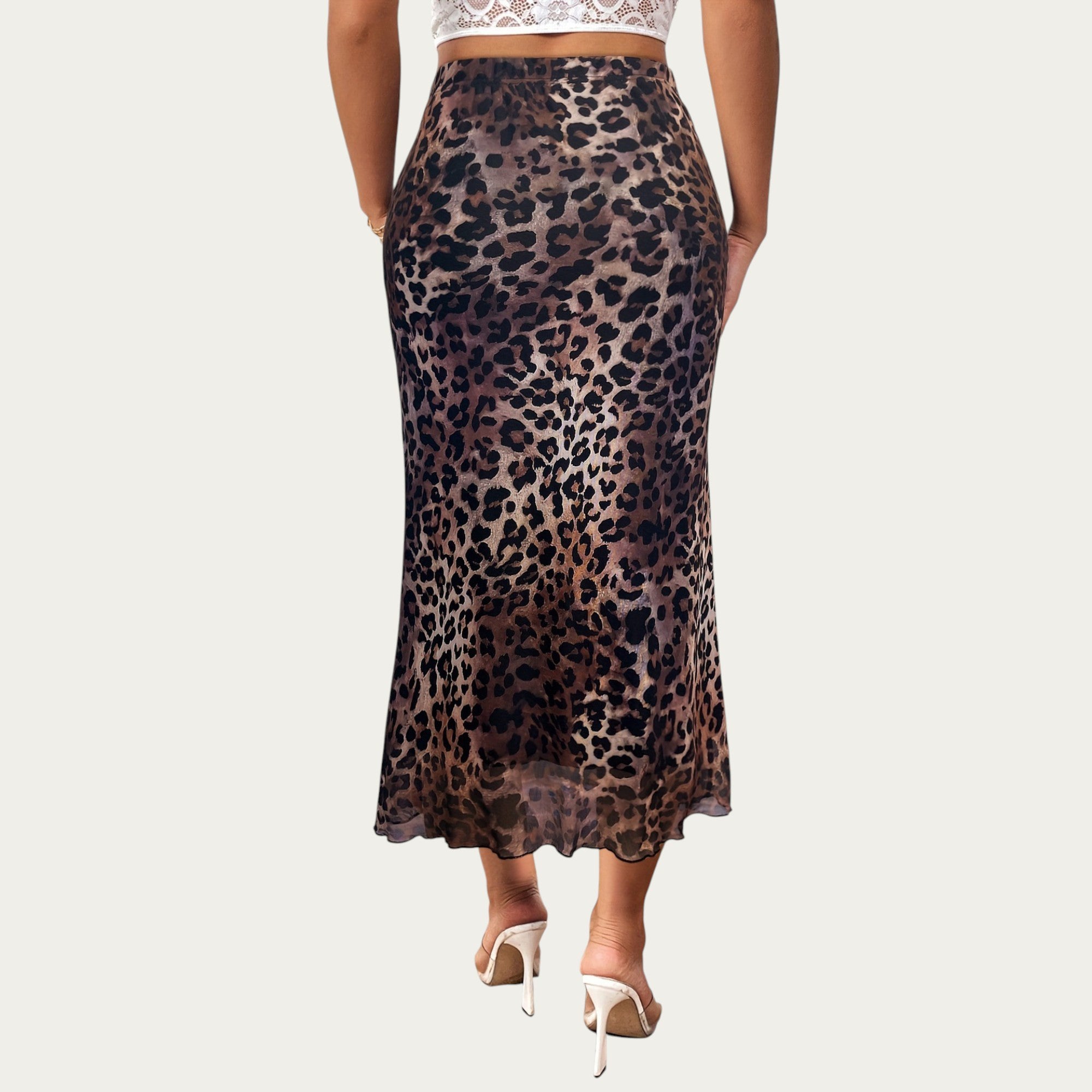 Anna-Kaci Women's Leopard Print Mid-Length A-Line Skirt with Satin-Like Texture and a Soft Flowing Draped Silhouette