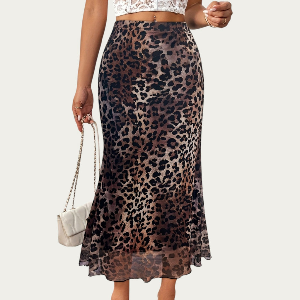 Anna-Kaci Women's Leopard Print Mid-Length A-Line Skirt with Satin-Like Texture and a Soft Flowing Draped Silhouette