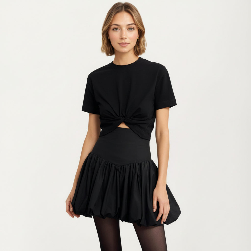 Anna-Kaci Women's High Waist Bubble Mini Skirt with Voluminous Gathered Silhouette and Soft Structured Fabric