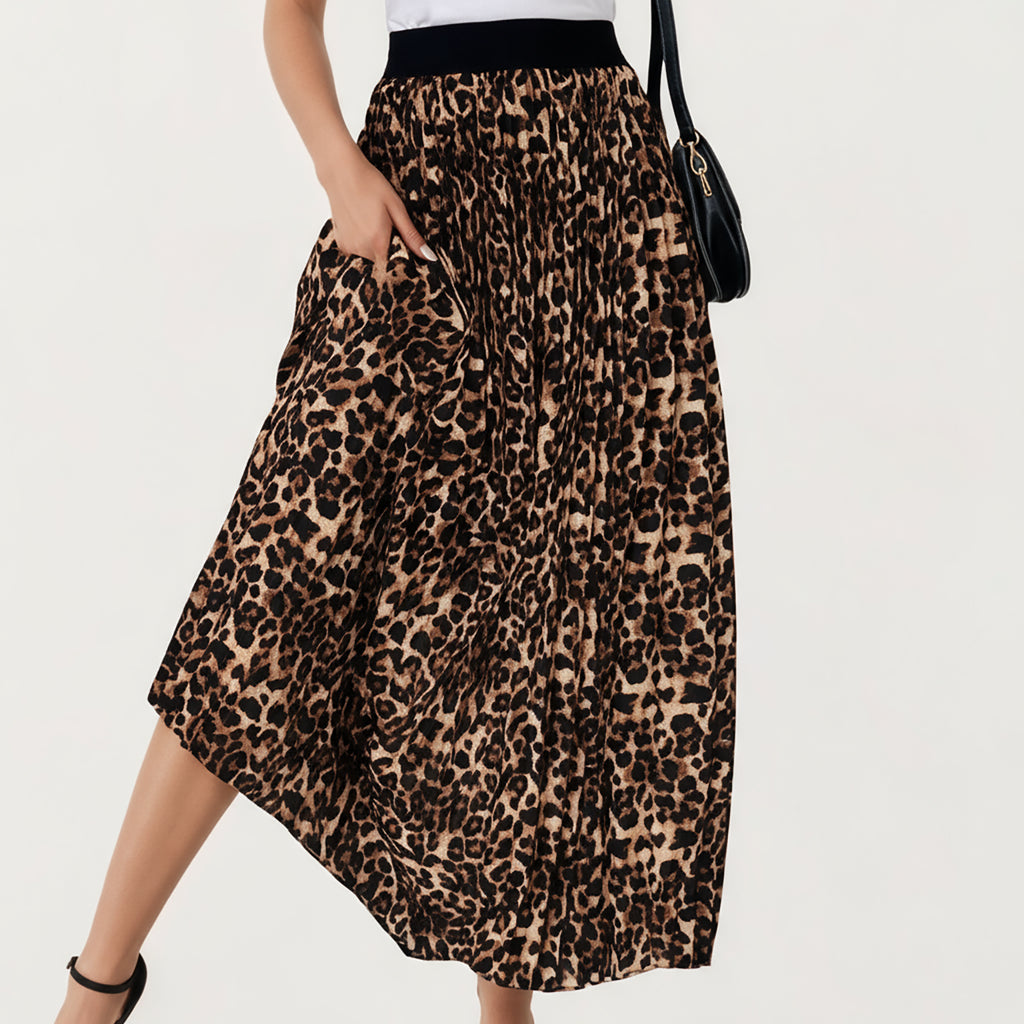 Anna-Kaci Women¡¯s Leopard Print Midi Skirt with Soft Flowing Pleated Texture and Comfortable Stretch Waistband for Effortless Movement