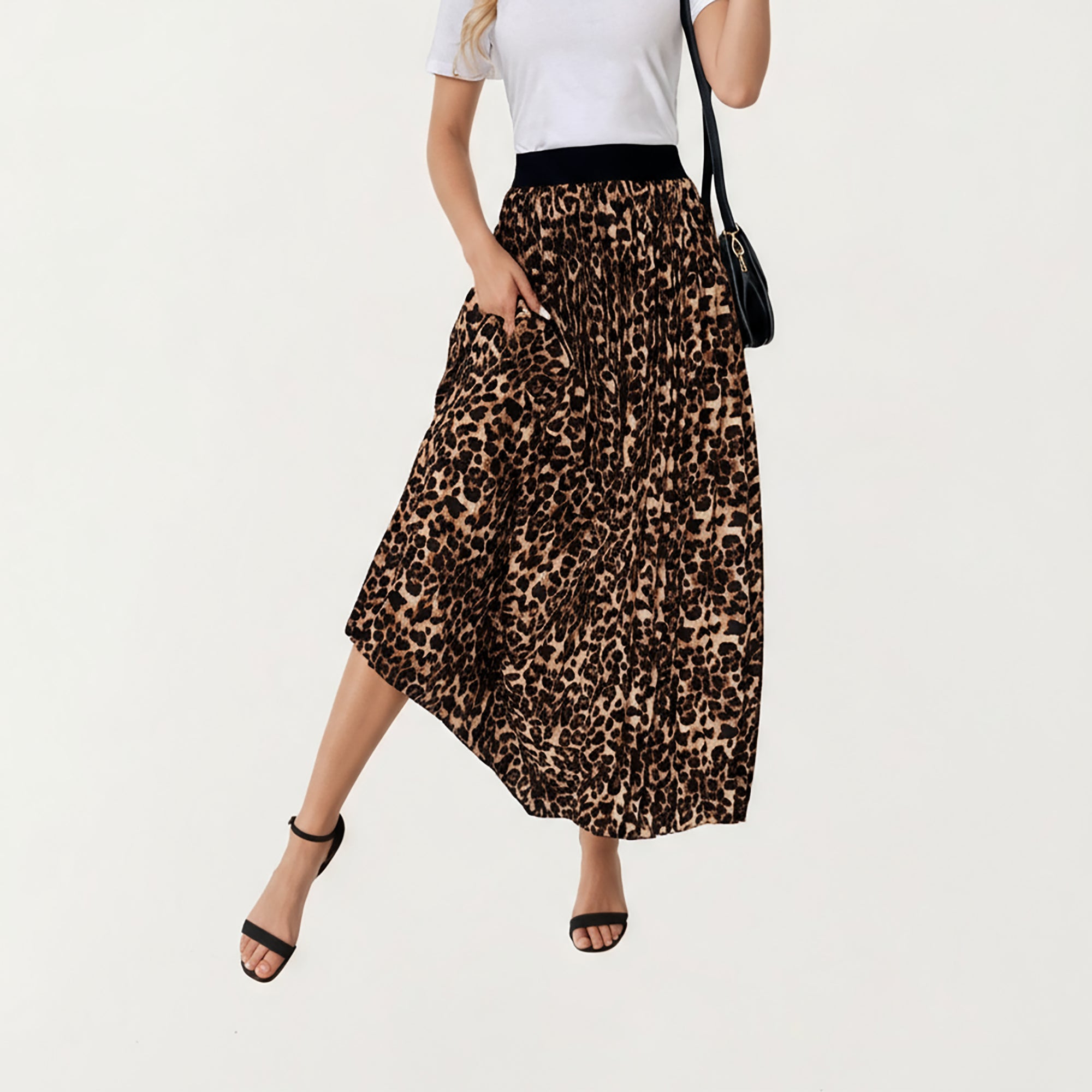 Anna-Kaci Women¡¯s Leopard Print Midi Skirt with Soft Flowing Pleated Texture and Comfortable Stretch Waistband for Effortless Movement