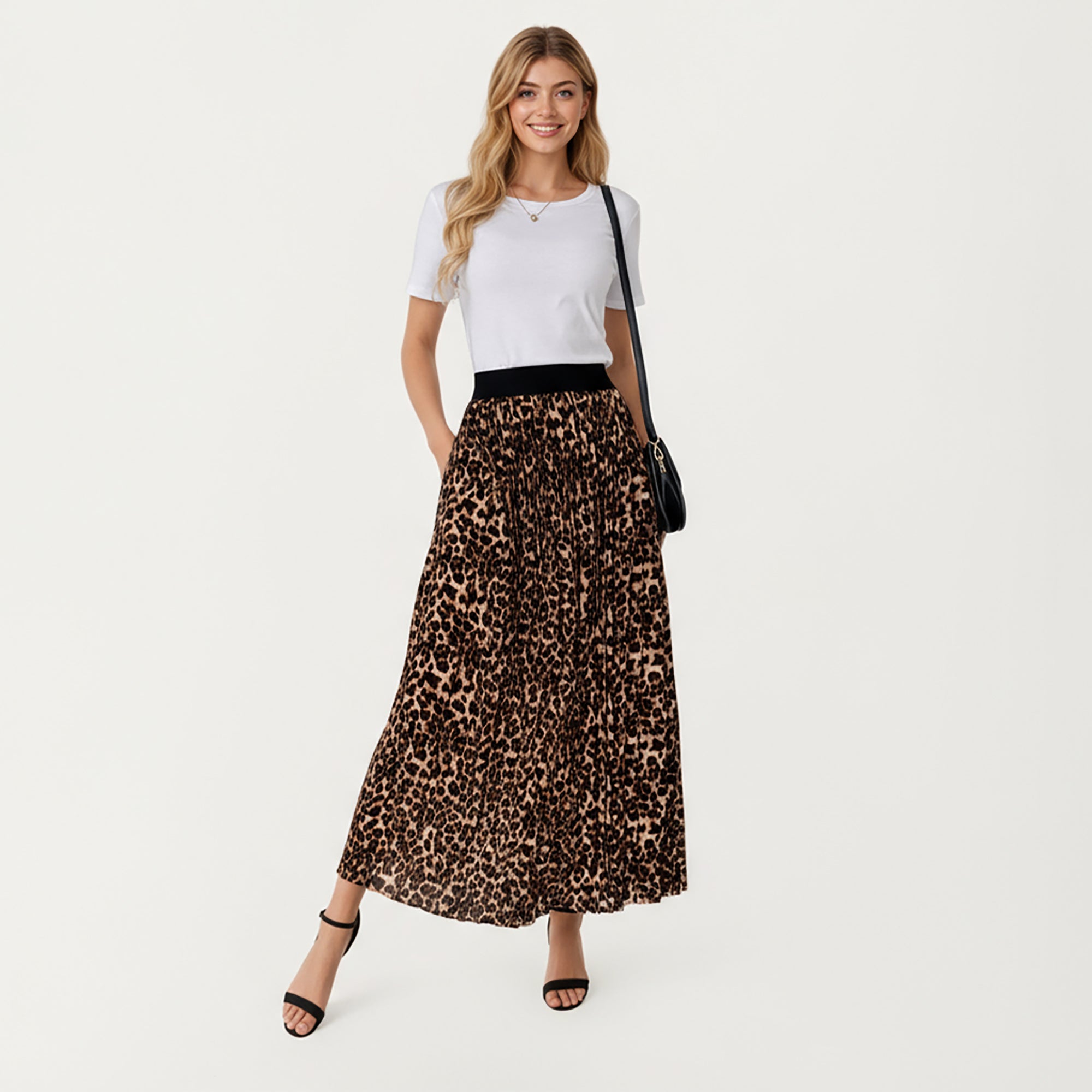 Anna-Kaci Women¡¯s Leopard Print Midi Skirt with Soft Flowing Pleated Texture and Comfortable Stretch Waistband for Effortless Movement