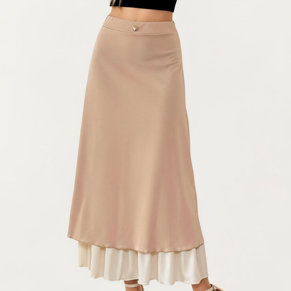 Anna-Kaci Women¡¯s Layered Midi Skirt with Smooth Satin Finish Soft Flowing Silhouette and Elegant Dual-Layer Hem Detail