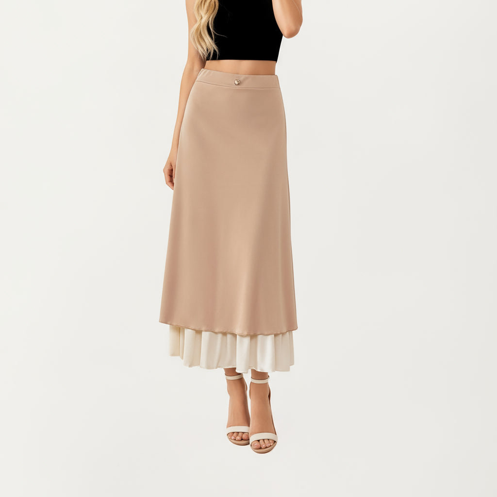 Anna-Kaci Women¡¯s Layered Midi Skirt with Smooth Satin Finish Soft Flowing Silhouette and Elegant Dual-Layer Hem Detail