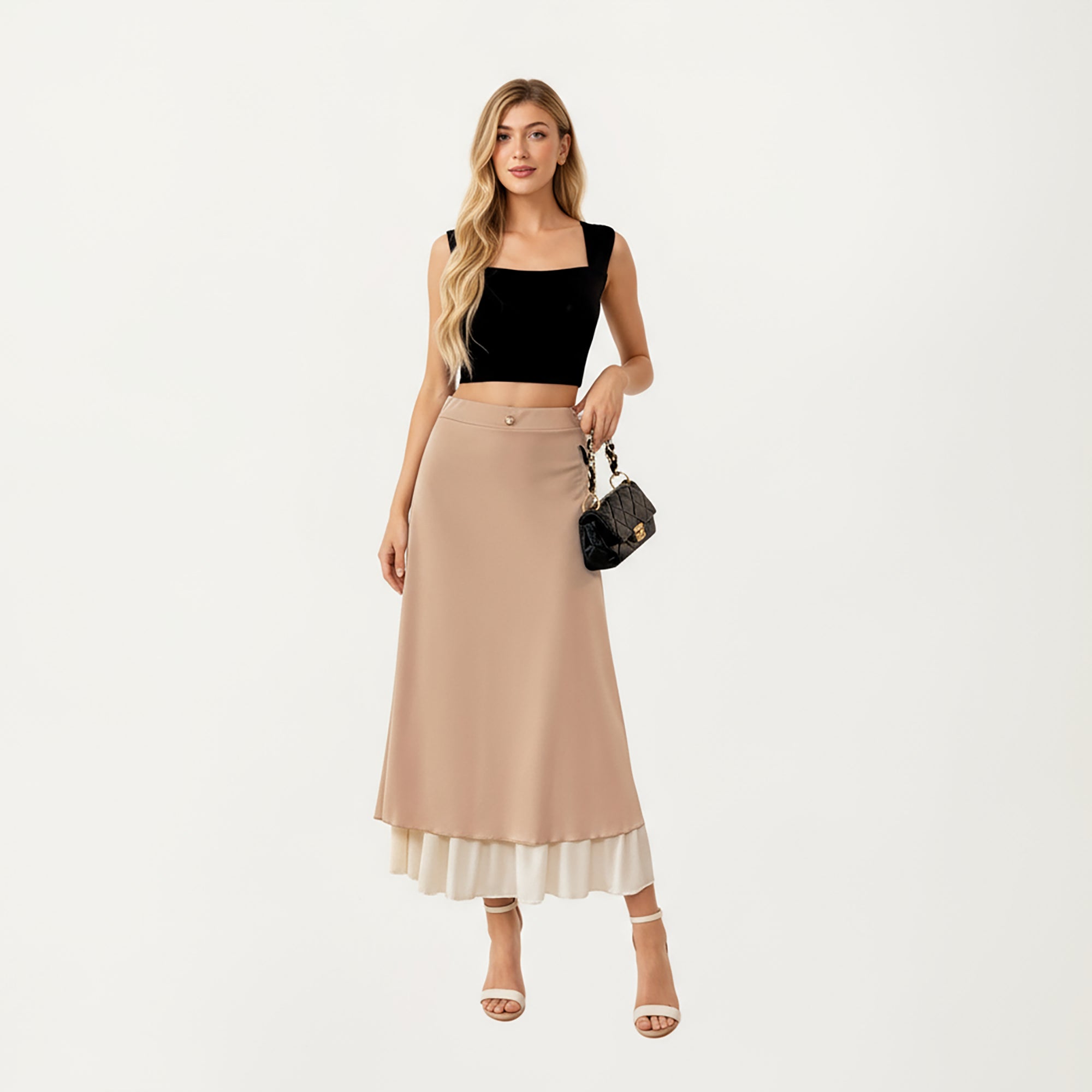 Anna-Kaci Women¡¯s Layered Midi Skirt with Smooth Satin Finish Soft Flowing Silhouette and Elegant Dual-Layer Hem Detail