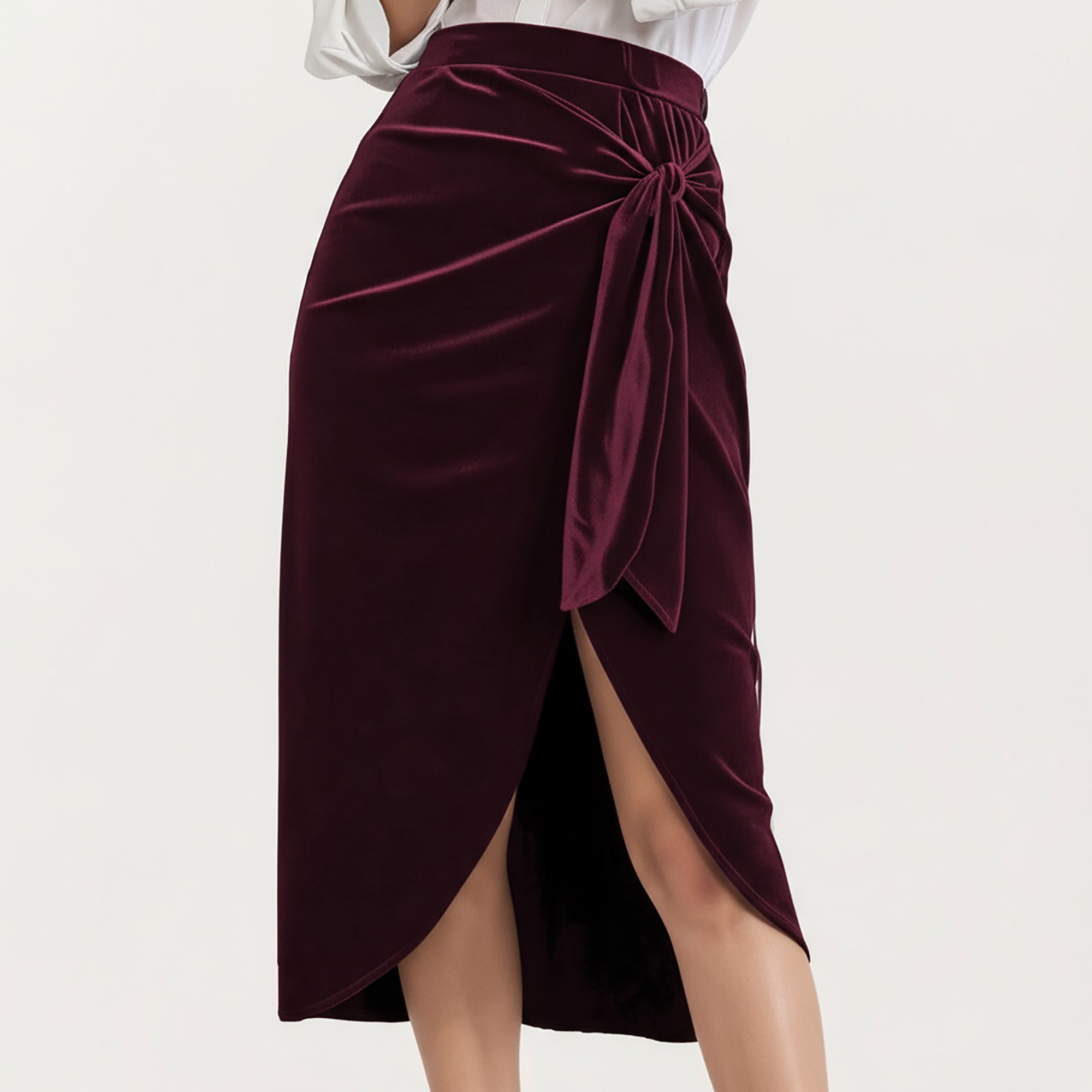 Anna-Kaci Women's Velvet Wrap Midi Skirt with Soft Draped Texture Elegant Side Tie Detail and Flattering Overlap Front Silhouette