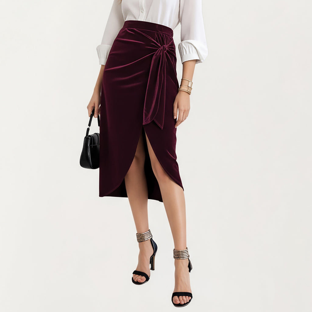 Anna-Kaci Women's Velvet Wrap Midi Skirt with Soft Draped Texture Elegant Side Tie Detail and Flattering Overlap Front Silhouette