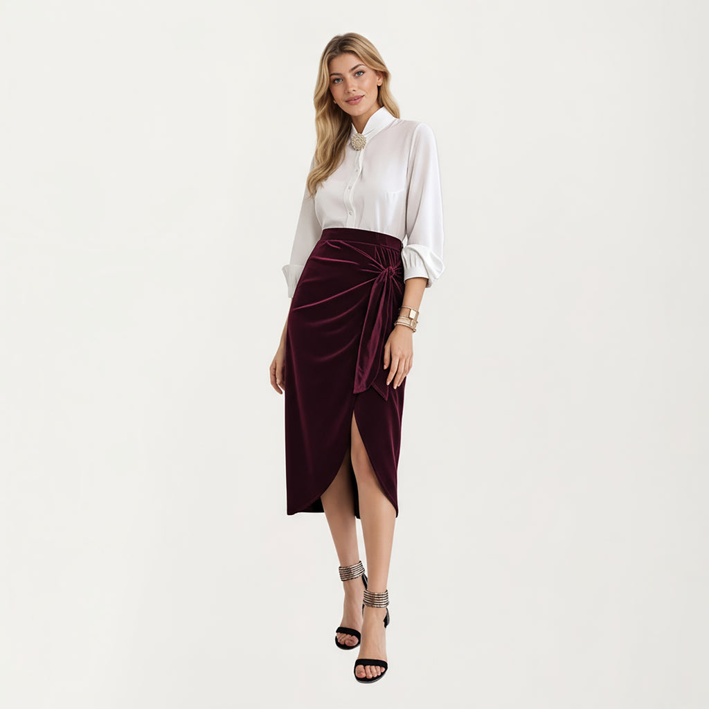 Anna-Kaci Women's Velvet Wrap Midi Skirt with Soft Draped Texture Elegant Side Tie Detail and Flattering Overlap Front Silhouette