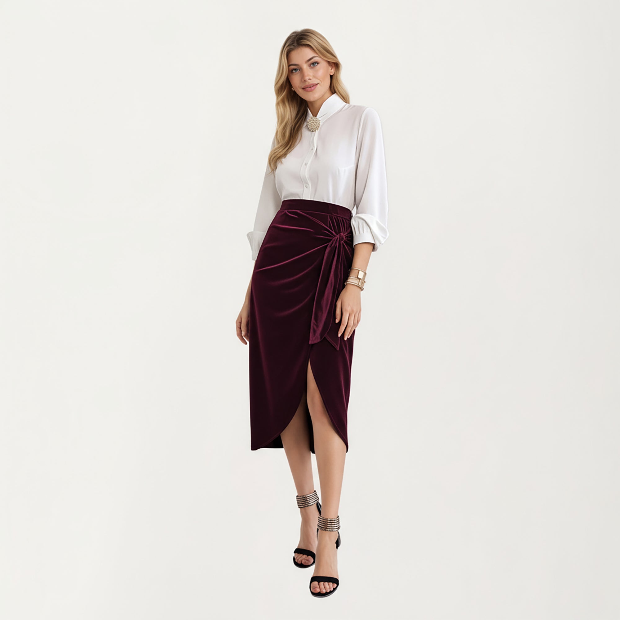 Anna-Kaci Women's Velvet Wrap Midi Skirt with Soft Draped Texture Elegant Side Tie Detail and Flattering Overlap Front Silhouette