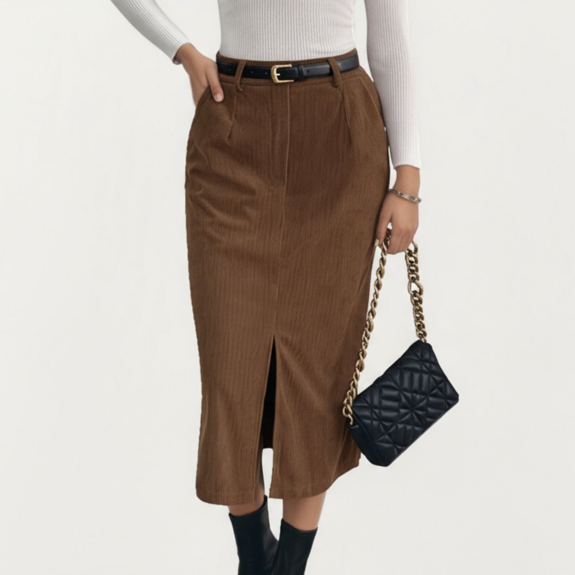 Anna-Kaci Women¡¯s Corduroy Midi Skirt with Soft Ribbed Texture Front Slit Detail and Structured Waistband for a Clean Streamlined Silhouette