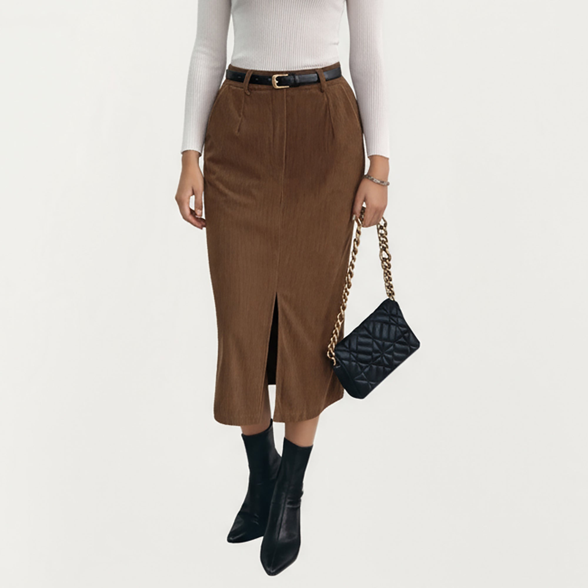 Anna-Kaci Women¡¯s Corduroy Midi Skirt with Soft Ribbed Texture Front Slit Detail and Structured Waistband for a Clean Streamlined Silhouette