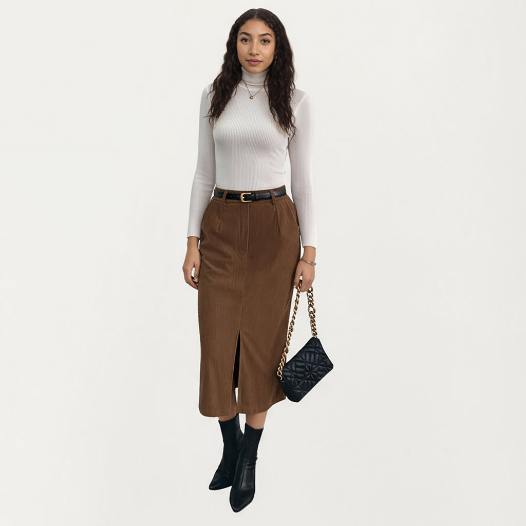 Anna-Kaci Women¡¯s Corduroy Midi Skirt with Soft Ribbed Texture Front Slit Detail and Structured Waistband for a Clean Streamlined Silhouette