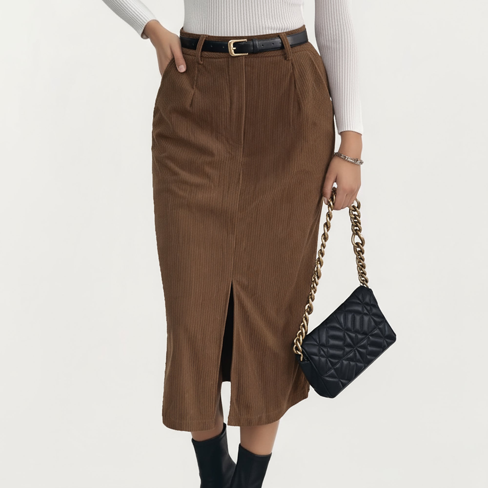Anna-Kaci Women¡¯s Corduroy Midi Skirt with Soft Ribbed Texture Front Slit Detail and Structured Waistband for a Clean Streamlined Silhouette